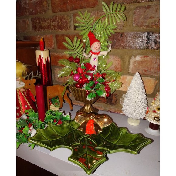 Vintage Ceramic Holly Serving Dish mcm Christmas candy dish retro 1970s - Picture 2 of 12